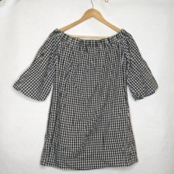 SOPRANO GINGHAM DRESS SMALL OFF SHOULDER BLACK WHITE TRAPEZE PUFF SLEEVES SWING - Picture 6 of 8